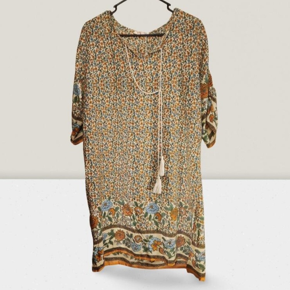 HALIFE BOHO Floral Print Tassel Neck Mini Tunic Dress Women Small